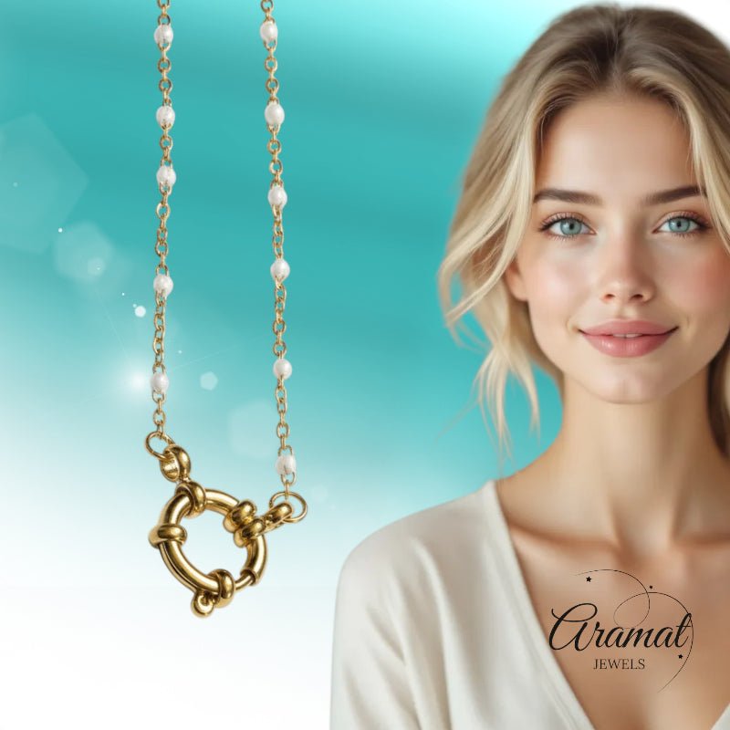 Stalen Damesketting met Wit Emaille bolletjes - Aramat Jewels - Bedelketting - cadeautip