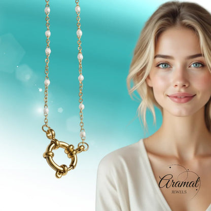 Stalen Damesketting met Wit Emaille bolletjes - Aramat Jewels - Bedelketting - cadeautip
