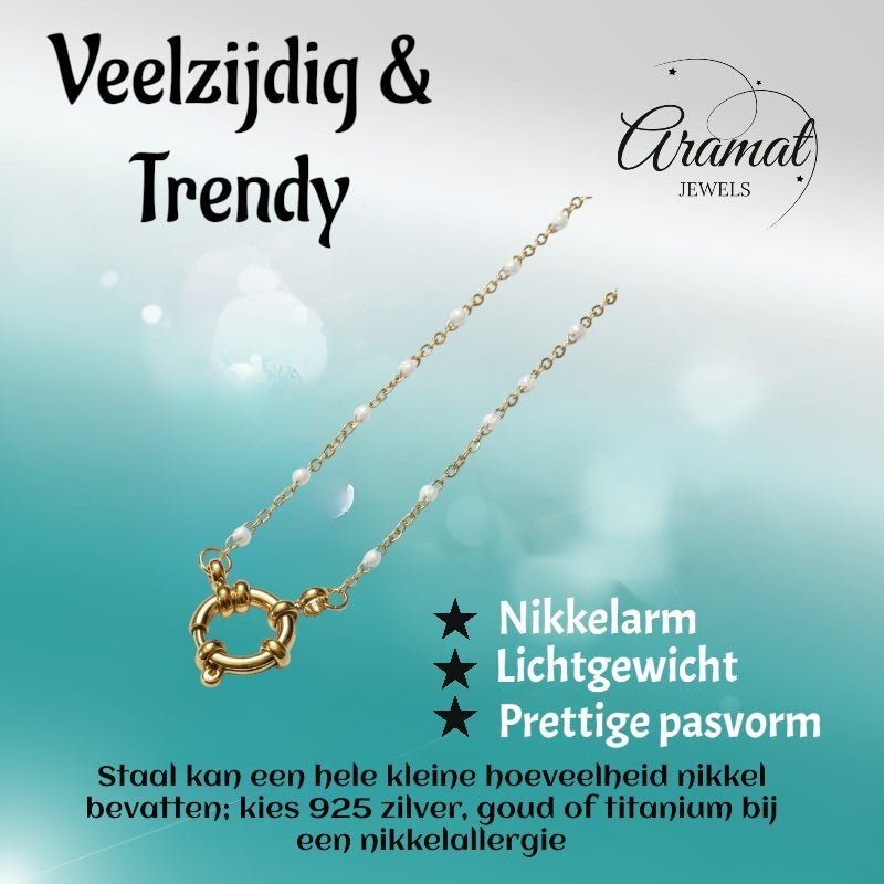 Stalen Damesketting met Wit Emaille bolletjes - Aramat Jewels - Bedelketting - cadeautip