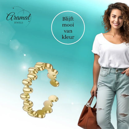 Stalen Damesring - Ovale Blokjes - Verstelbaar - 6mm - RVS - ring366 - 104796 - Ringen kopen# - Goudkleur - alles - blokjes