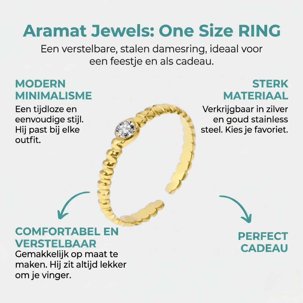 Stalen Damesring - Steentje & Streepjesmotief - Verstelbaar - 4mm - RVS - Aramat Jewels - Ringen - cadeautip
