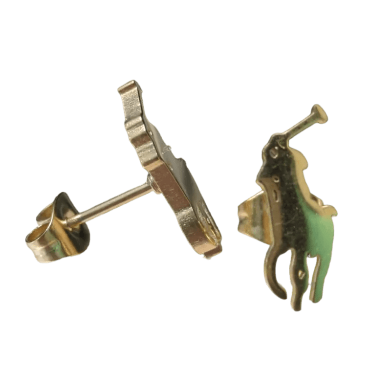 Een close-up van een paar oorbellen met een paard erop