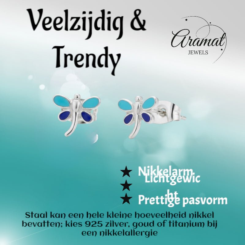 Stalen Emaille oorbellen Libelle - Aramat Jewels - Oorbellen - cadeautip