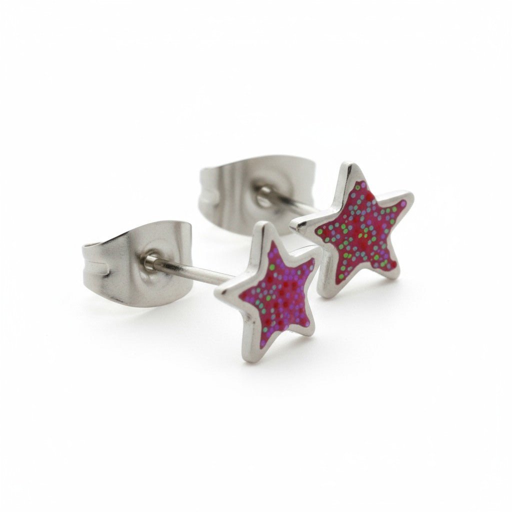 Stalen Emaille oorbellen ster met glitters - Aramat Jewels - Oorbellen - cadeautip