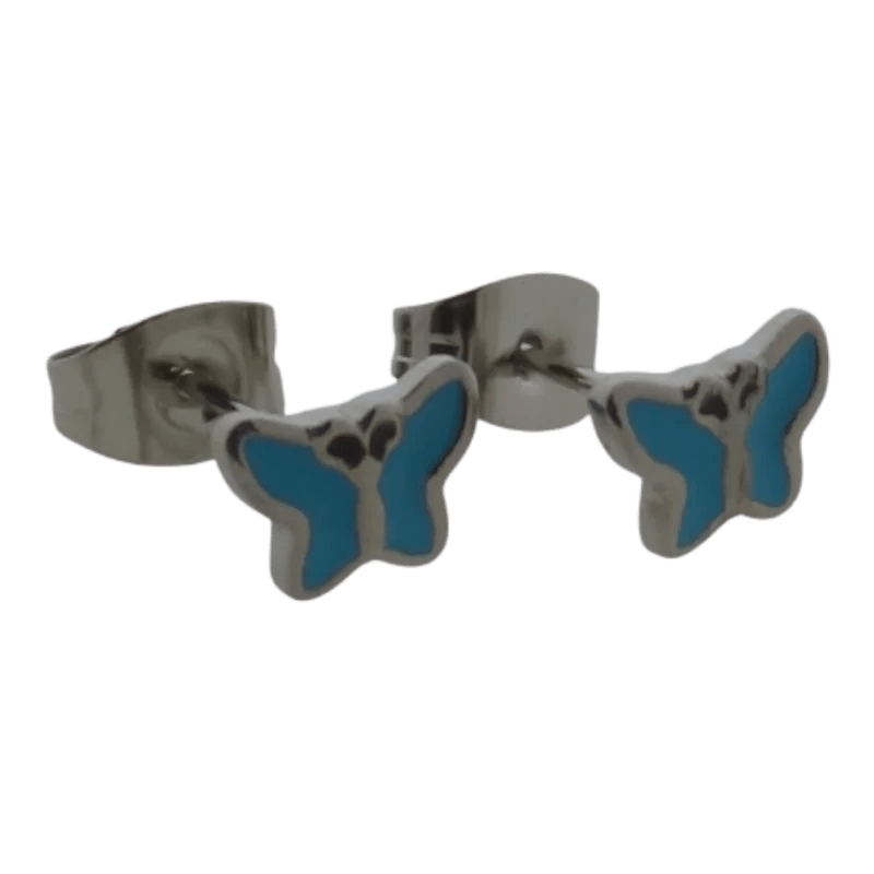 Roestvrijstalen vlinder oorbellen met blauwe emaille details.