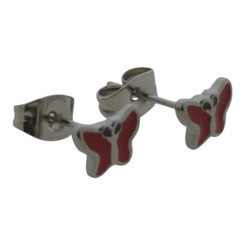 Roestvrijstalen oorbellen in de vorm van een vlinder met rode emaille details.