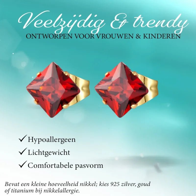 Rode vierkante oorbellen met edelsteen.