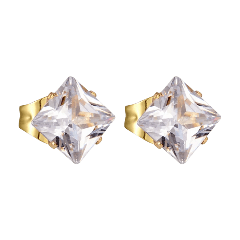 Paar vierkante diamanten oorbellen met gouden zetting.