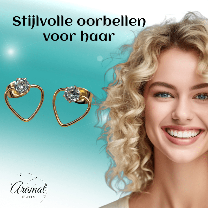 Stalen Hart Oorbellen Goudkleur 10mm Zirkonia Open - Aramat Jewels - Oorbellen - cadeautip