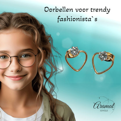 Stalen Hart Oorbellen Goudkleur 10mm Zirkonia Open - Aramat Jewels - Oorbellen - cadeautip