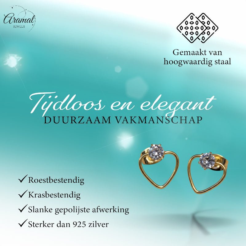 Stalen Hart Oorbellen Goudkleur 10mm Zirkonia Open - Aramat Jewels - Oorbellen - cadeautip