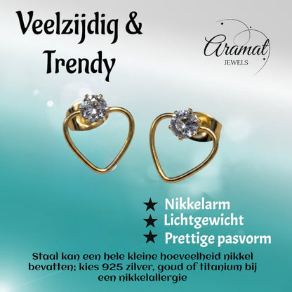 Stalen Hart Oorbellen Goudkleur 10mm Zirkonia Open - Aramat Jewels - Oorbellen - cadeautip