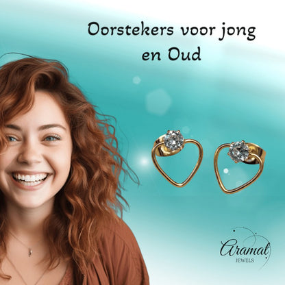 Stalen Hart Oorbellen Goudkleur 10mm Zirkonia Open - Aramat Jewels - Oorbellen - cadeautip