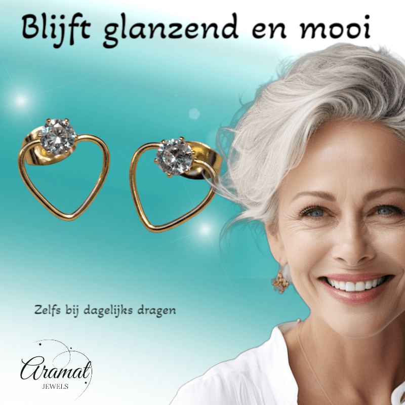 Stalen Hart Oorbellen Goudkleur 10mm Zirkonia Open - Aramat Jewels - Oorbellen - cadeautip