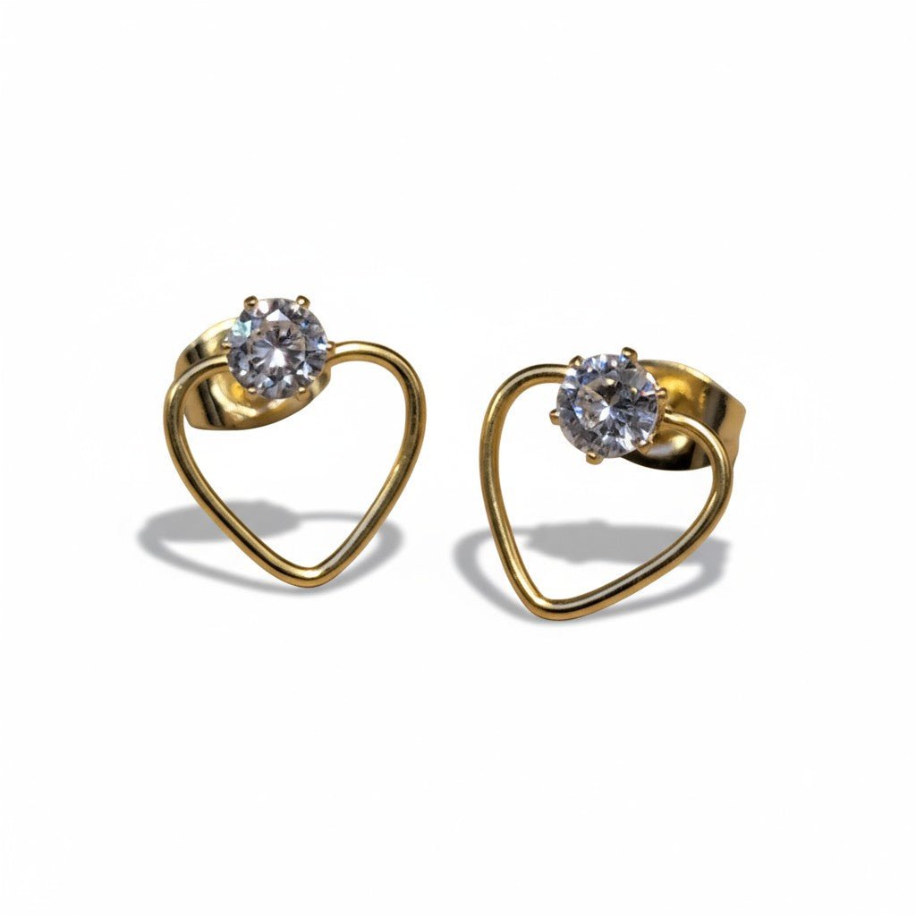 Stalen hart oorbellen goudkleur 10mm open hartje met transparante zirkonia, voor de meeste mensen hypoallergeen oorstekers voor dames