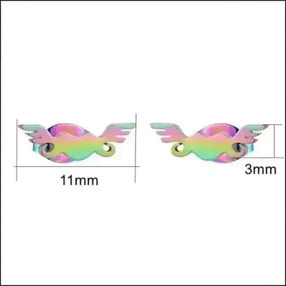 Regenboogkleurige gevleugelde oorbellen met maataanduiding.