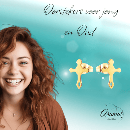 Stalen Hartjes Oorbellen met kruisje – Goudkleur – 11x7mm - Aramat Jewels - Oorbellen - cadeautip