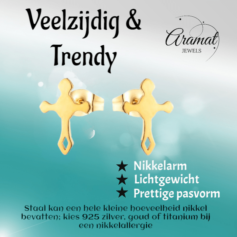 Stalen Hartjes Oorbellen met kruisje – Goudkleur – 11x7mm - Aramat Jewels - Oorbellen - cadeautip