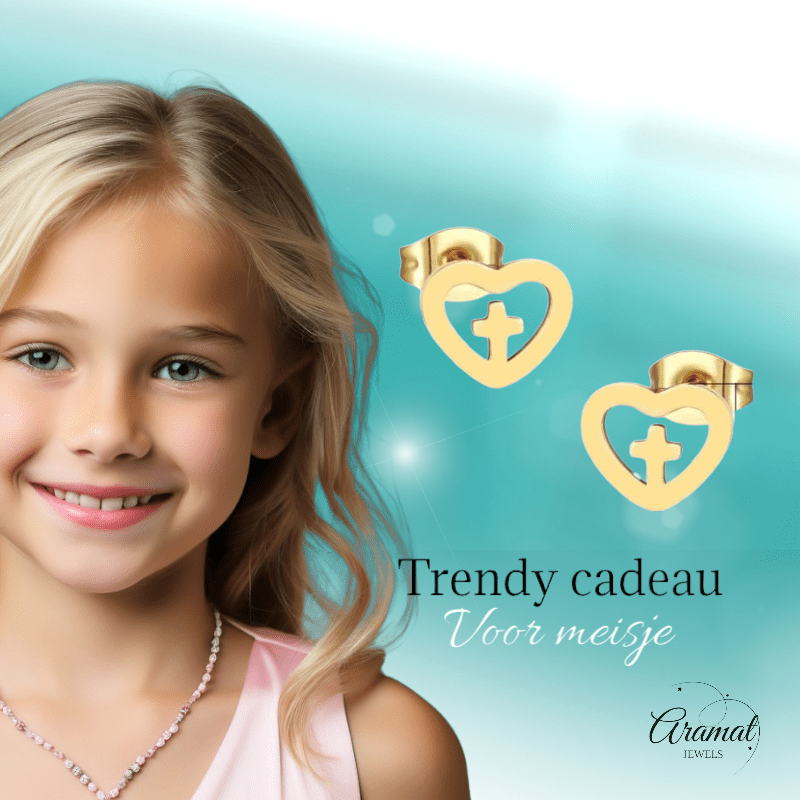 Stalen Hartjes Oorbellen met kruisje – Goudkleur – 9mm - Aramat Jewels - Oorbellen - cadeautip