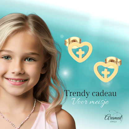 Stalen Hartjes Oorbellen met kruisje – Goudkleur – 9mm - Aramat Jewels - Oorbellen - cadeautip
