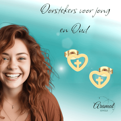 Stalen Hartjes Oorbellen met kruisje – Goudkleur – 9mm - Aramat Jewels - Oorbellen - cadeautip