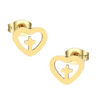Stalen Hartjes Oorbellen met kruisje – Goudkleur – 9mm - Aramat Jewels - Oorbellen - cadeautip