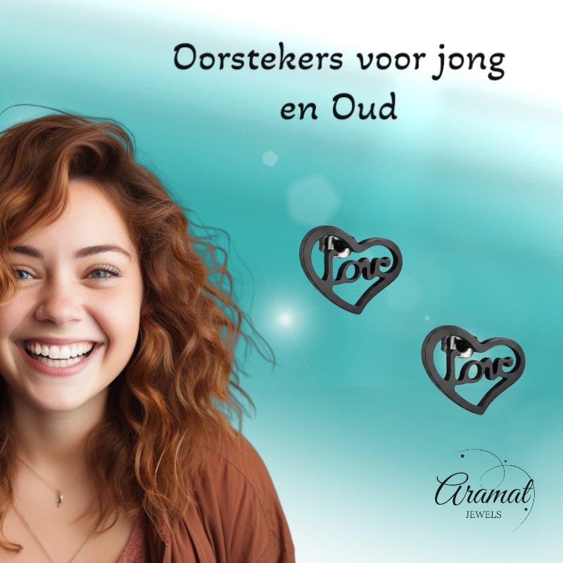 Stalen Hartjes Oorbellen Zwart 9mm Love RVS - Aramat Jewels - Oorbellen - cadeautip