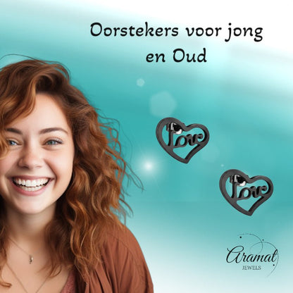 Stalen Hartjes Oorbellen Zwart 9mm Love RVS - Aramat Jewels - Oorbellen - cadeautip