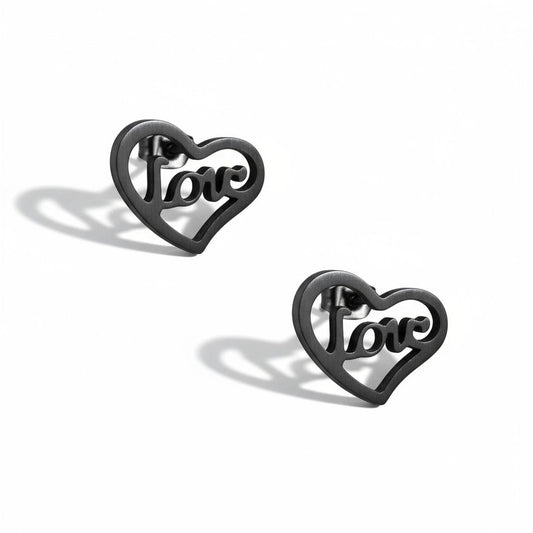 Stalen hartjes oorbellen zwart 9mm RVS, open hartje met love tekst, hypoallergeen oorstekers voor dames en kinderen