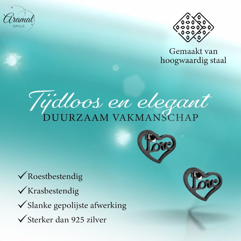 Stalen Hartjes Oorbellen Zwart 9mm Love RVS - Aramat Jewels - Oorbellen - cadeautip