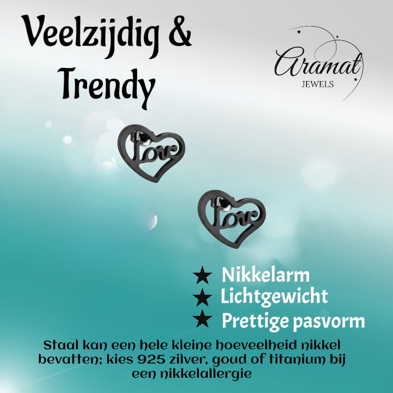Stalen Hartjes Oorbellen Zwart 9mm Love RVS - Aramat Jewels - Oorbellen - cadeautip