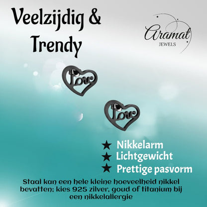 Stalen Hartjes Oorbellen Zwart 9mm Love RVS - Aramat Jewels - Oorbellen - cadeautip