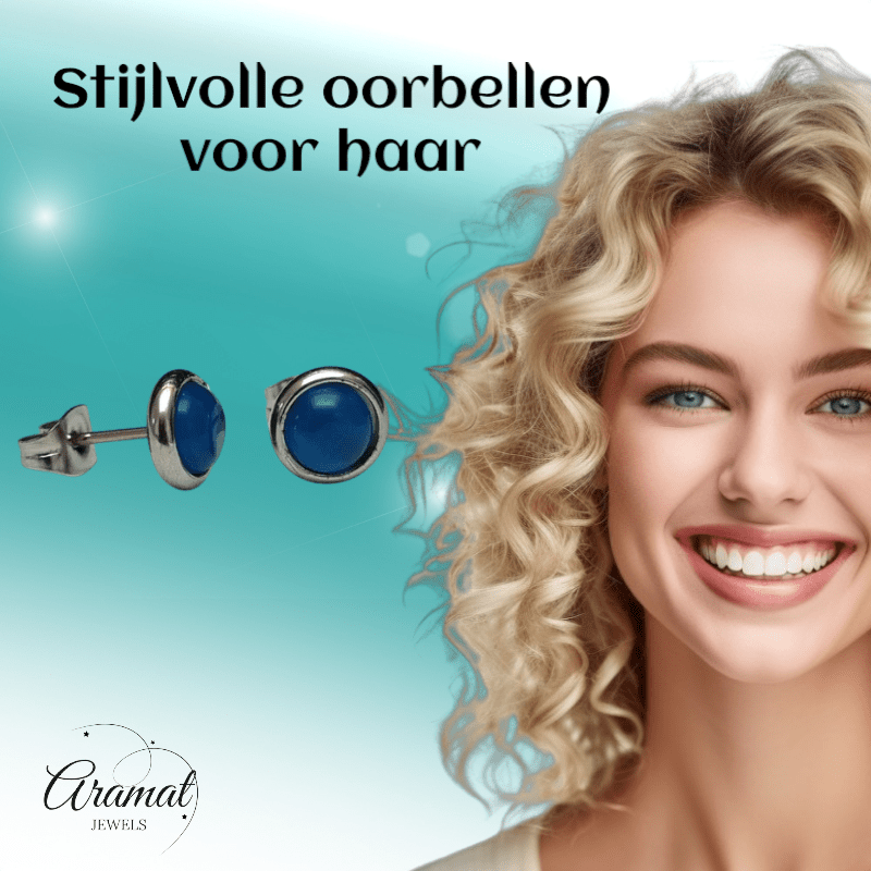 Stalen Kattenoog Oorbellen 8mm – Donkerblauw - Aramat Jewels - Oorbellen - cadeautip