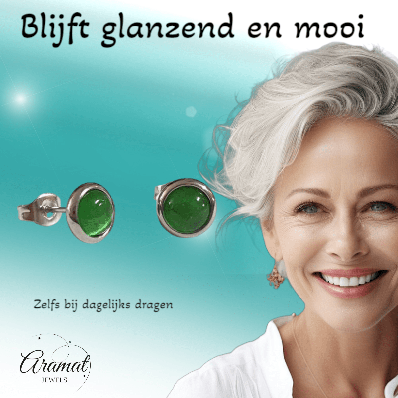 Stalen Kattenoog Oorbellen 8mm – Groen - Aramat Jewels - Oorbellen - cadeautip