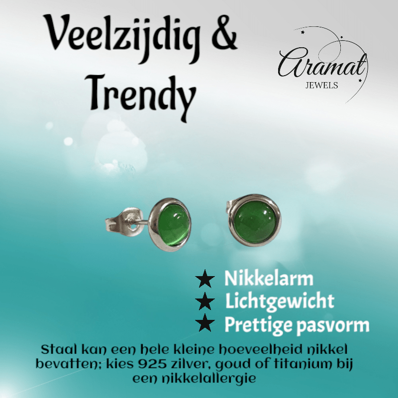 Stalen Kattenoog Oorbellen 8mm – Groen - Aramat Jewels - Oorbellen - cadeautip