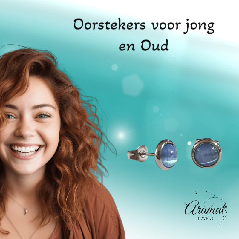 Stalen Kattenoog Oorbellen 8mm – Lichtblauw - Aramat Jewels - Oorbellen - cadeautip