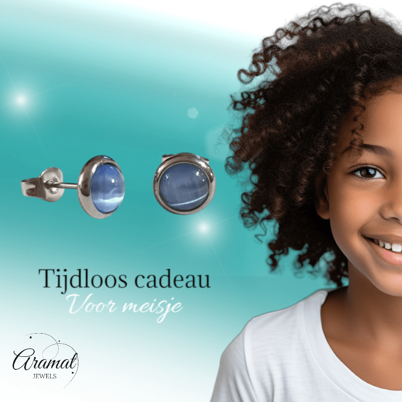Stalen Kattenoog Oorbellen 8mm – Lichtblauw - Aramat Jewels - Oorbellen - cadeautip