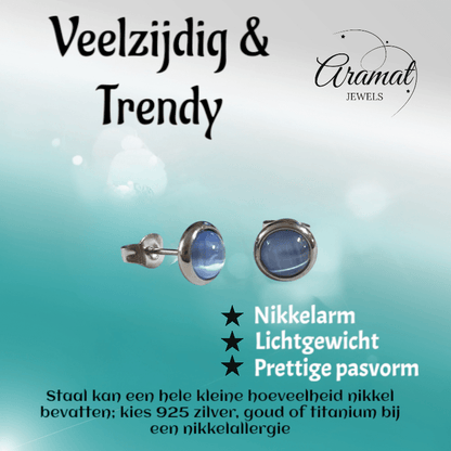 Stalen Kattenoog Oorbellen 8mm – Lichtblauw - Aramat Jewels - Oorbellen - cadeautip