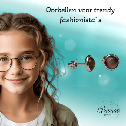 Stalen Kattenoog Oorbellen 8mm – Paars - Aramat Jewels - Oorbellen - cadeautip