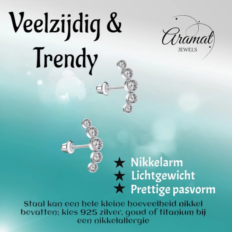 Stalen Kinder Oorbellen Bar - 5 Zirkonia Steentjes - Schroefsluiting - 14x5mm - oor6265 - 72431 - Oorbellen kopen# - 14mm - alles