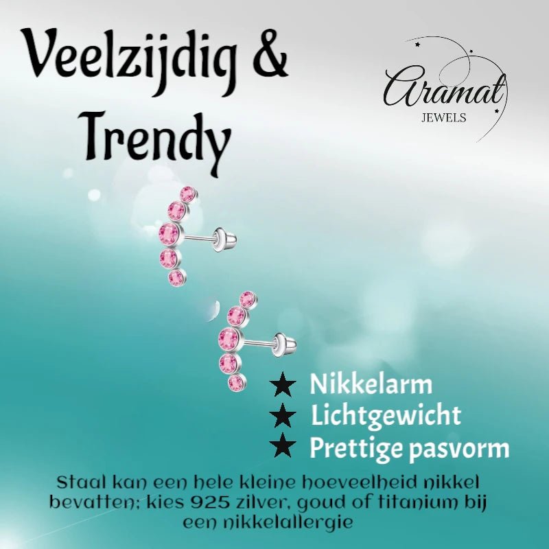 Stalen Kinder Oorbellen - Bar met 5 Roze Zirkonia Steentjes - Schroefsluiting - 14x5mm - oor6266 - 72433 - Oorbellen kopen# - 14mm - alles