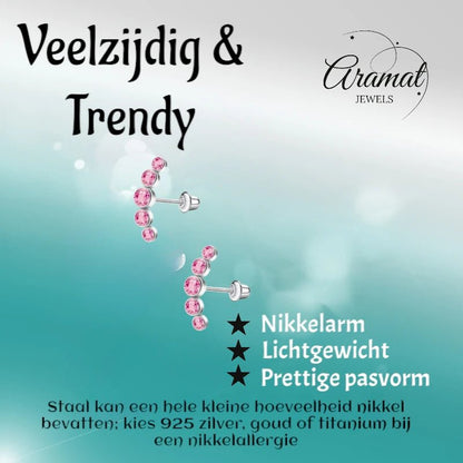 Stalen Kinder Oorbellen - Bar met 5 Roze Zirkonia Steentjes - Schroefsluiting - 14x5mm - oor6266 - 72433 - Oorbellen kopen# - 14mm - alles