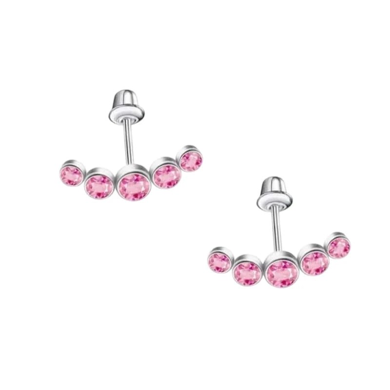 Stalen Kinder Oorbellen - Bar met 5 Roze Zirkonia Steentjes - Schroefsluiting - 14x5mm - oor6266 - 72433 - Oorbellen kopen# - 14mm - alles