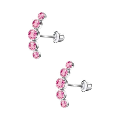 Stalen Kinder Oorbellen - Bar met 5 Roze Zirkonia Steentjes - Schroefsluiting - 14x5mm - oor6266 - 72433 - Oorbellen kopen# - 14mm - alles