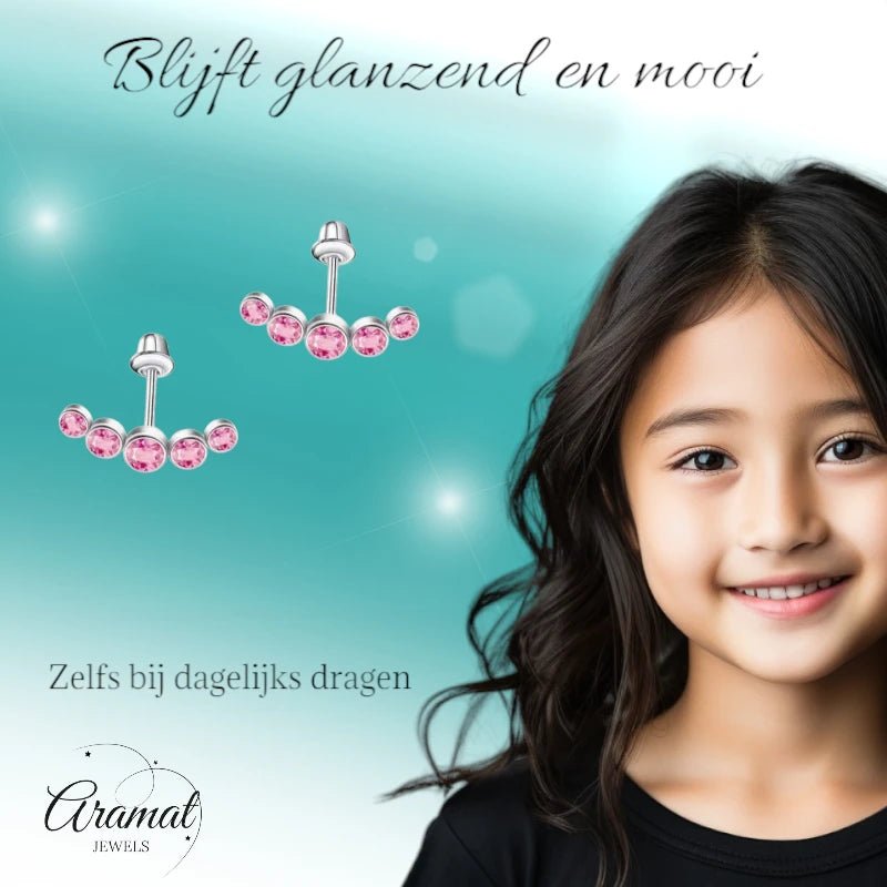 Stalen Kinder Oorbellen - Bar met 5 Roze Zirkonia Steentjes - Schroefsluiting - 14x5mm - oor6266 - 72433 - Oorbellen kopen# - 14mm - alles