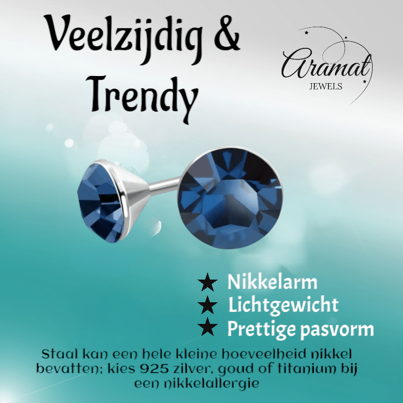 Stalen Kristal Oorbellen met denimblauw steentje – Zilverkleur – 3mm - Aramat Jewels - Oorbellen - cadeautip