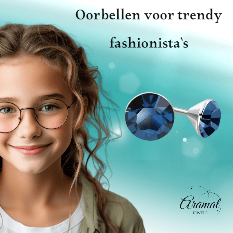 Stalen Kristal Oorbellen met denimblauw steentje – Zilverkleur – 3mm - Aramat Jewels - Oorbellen - cadeautip