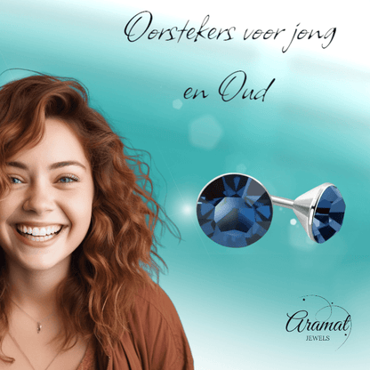 Stalen Kristal Oorbellen met denimblauw steentje – Zilverkleur – 3mm - Aramat Jewels - Oorbellen - cadeautip