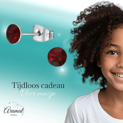 Stalen Kristal Oorbellen met donkerrood steentje – Zilverkleur – 5mm - Aramat Jewels - Oorbellen - cadeautip