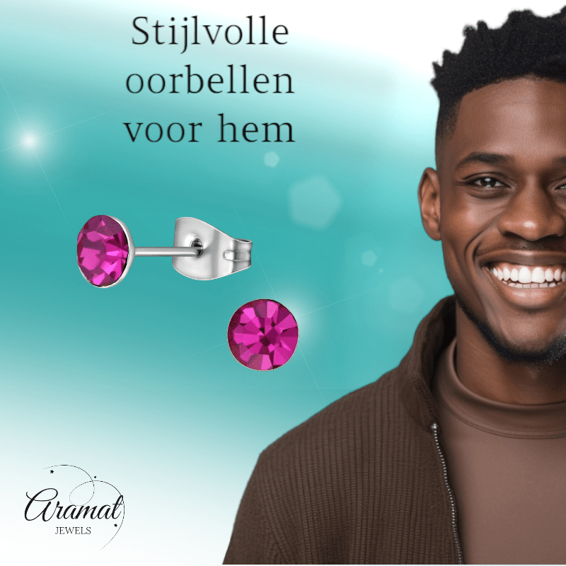 Stalen Kristal Oorbellen met fuchsiaroze steentje – Zilverkleur – 5mm - Aramat Jewels - Oorbellen - cadeautip